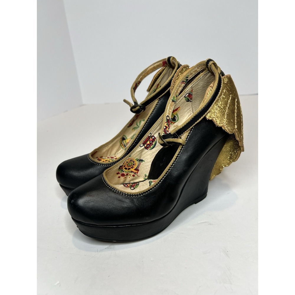 Miss L Fire / Anthropologie Black Leather ANKLESTRAP Wedges Gold ANGEL‎ WINGS 36